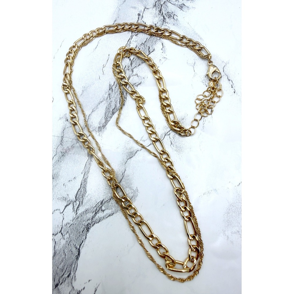 Gold Tone Double Chain Layered Necklace Figaro & Rope 17-20" Minimalist